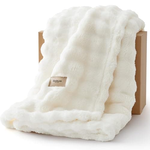 Image of Bedsure Cosy Bubble Fleece Blanket - Soft Plush Throw Blanket for Adults, Lightweight & Warm, Off White, 150x200 cm for Sofa Throw, Bed, Gift Idea