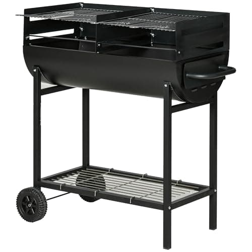 Image of Outsunny Trolley Charcoal BBQ Barbecue Grill Cooker with 3-Level Adjustable Height Grill Nets, Patio Outdoor Garden Heating Heat Smoker with Wheels, 90 x 45 x 96 cm, Black