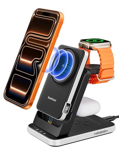 Image of SwanScout Magnetic Wireless Charger, 3 in 1 Charging Station for iPhone Air/17/16/15/14/13/12 Series, 5000mAh Power Bank Compatible with MagSafe, Stand for Apple Watch/Airpods, 304M (No Adapter)