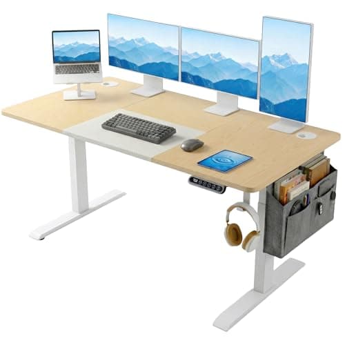 Image of Blisswood Electric Standing Desk, Adjustable Height 160 × 70cm, Sit Stand Desk with Memory Smart Panel, Large PC Study Metal Frame Table with Backpack Hook & Storage Pocket Home Office Furniture_Brown