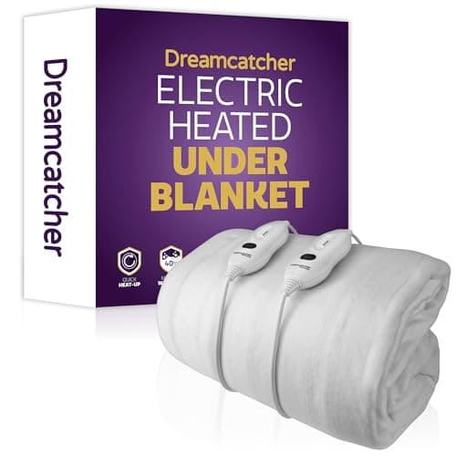 Image of Dreamcatcher Double Electric Blanket 193 x 137cm, Fully Fitted Soft Polyester Electric Blanket, Underblanket Mattress Cover, 3x Heat Settings, 2x Controllers and Machine Washable White Heated Blanket