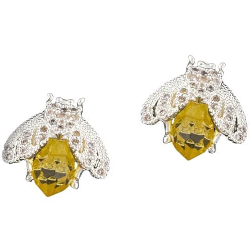 Image of Equilibrium Honey Bee Collection Silver Plated Stud Earrings with Yellow Cubic Zirconia Crystal, Detailed Design