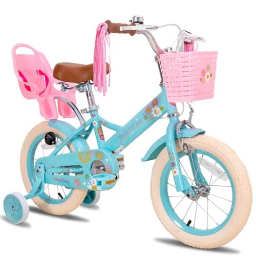 Image of STITCH 12 Inch Little Daisy Kids Bike with Stabilisers & Doll Seat for 2-4 Year Girls, Princess Bicycle with Basket & Streamers, Blue