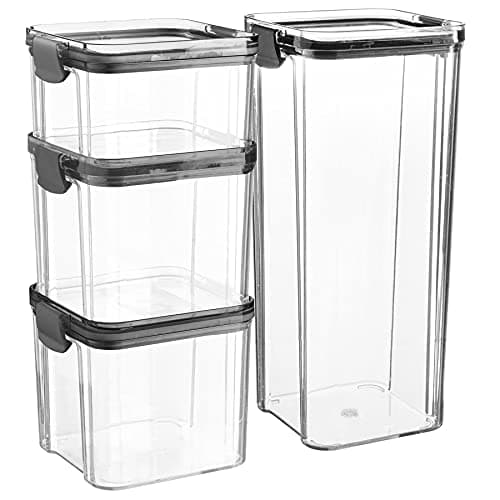 Image of Argon Tableware 4 Piece Food Storage Containers Set - Plastic Kitchen Pantry Organiser Jars - Clip Lid - 3 Sizes - Black