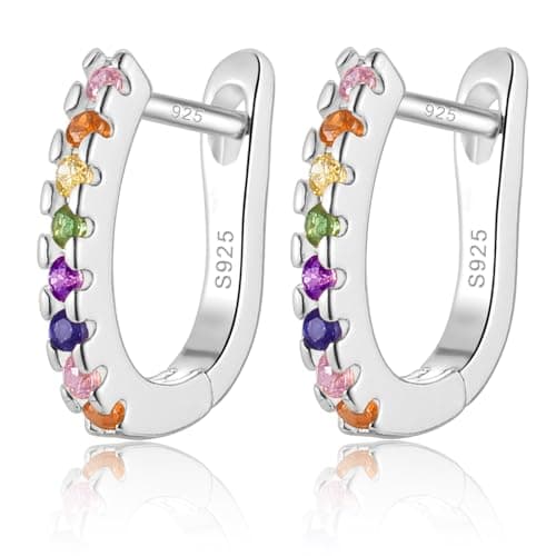 Image of USEEDOVIA Sterling Silver Hoop Earrings for Girls Women,Hypoallergenic Mini Small Huggie Hoop Earrings丨Rainbow Cubic Zirconia Hoops Earrings Gift for Her