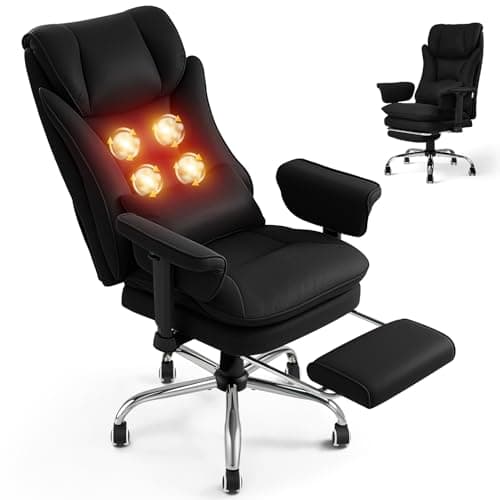 Image of Warmiehomy Massage Office Chair with 4-Point Heated, 155° Reclining, Ergonomic Office Chair with Footrest & Lumbar Pillow, Heavy Duty Executive Computer Chair for Home Office (Tech Fabric, Black)