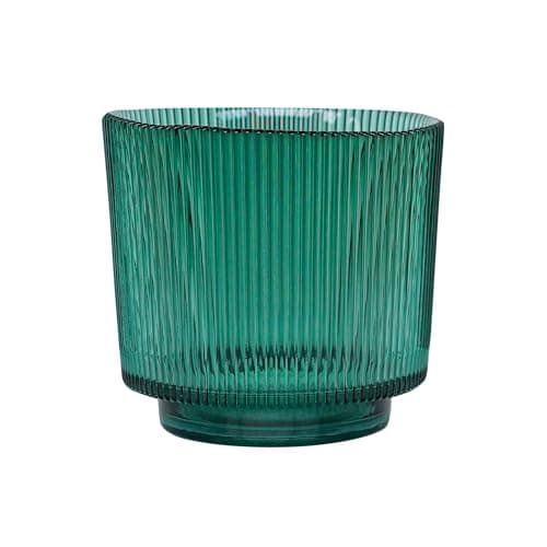Image of Ivyline Round Candle Holder in Emerald Glass with Ribbed Design - Elegant Table Centrepiece - Modern Home Decoration - H14 x W15 cm