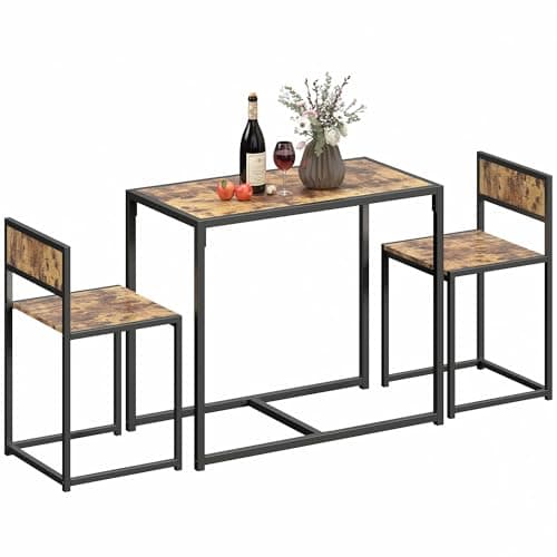 Image of HOMCOM Dining Table and Chairs Set 2, Dining Room Sets, Rectangular Space Saving Table and 2 Chairs for Compact Kitchens, Steel Frame, Rustic Brown