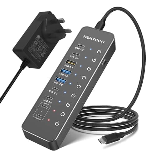 Image of RSHTECH 66W Powered USB C Hub, 10-Port USB 3 Hub with 3x 10Gbps USB 3.2 Ports (2C+1A), 4x 5Gbps USB 3.0 Ports (2C+2A), 2x 45W USB-C Fast Charging, 100W PD, 3.3Ft Cable & 66W Power Adapter (RSH-ST10P)