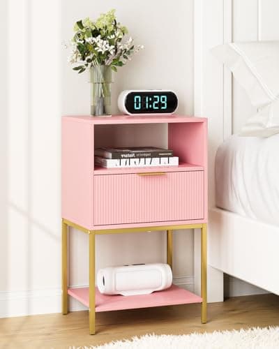 Image of HEYZOEY Bedside Table,Side Table with Gold Frame,Tall White Bedside Table,Bedside Furniture,3-Tier Storage End Table,Nightstand for Bedroom,Living Room (Modern-stripe, Pink)