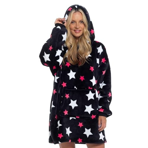 Image of A2Z Ladies Oversized Hoodie Blanket with Stars Fully Lined Sherpa - Snuggle AZ1752 Stars Black