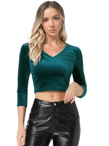 Image of Allegra K Women's St. Patrick's Day Velvet Blouse V Neck Long Sleeve Saree Crop Top Green XL