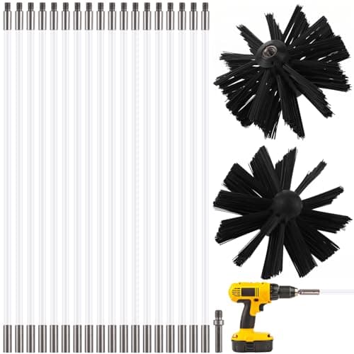 Image of 24FT Chimney Sweep Kit with 18 Flexible Nylon Rods, 2 Brush Heads and Hex Shank Drill Adapter, Flue Cleaning Brush Set for Fireplace and Stove Pipes