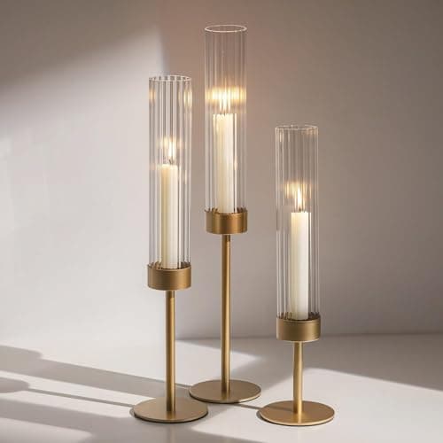 Image of Hurricane Candle Holder,3 Pcs Gold Candle Holders with Ribbed Glass Sleeve for Tapered Candles,Windproof Tall Candlestick Holders for Christmas Dining Mantel Fireplace Decoration