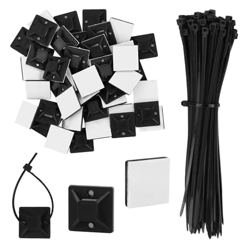 Image of 100 Pack Cable Ties Self Adhesive Cable Tie Base Holders with Multi-Purpose Sticky Pads(Black Nylon Zip Ties Length 150mm,Cable Tie Mount Width 18mm) for Home Office