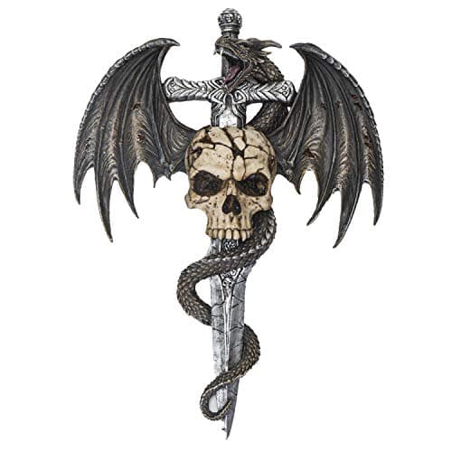 Image of SUMMIT COLLECTION Spiral Draco Dragon Skull Dagger Fantasy Gothic Decorative Wall Sculpture 14 Inches