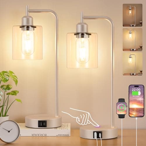 Image of Aooshine Industrial Touch Lamps Bedside, Champagne Gold Bedside Lamps with Clear Glass Shade for Living Room(Bulbs Included)
