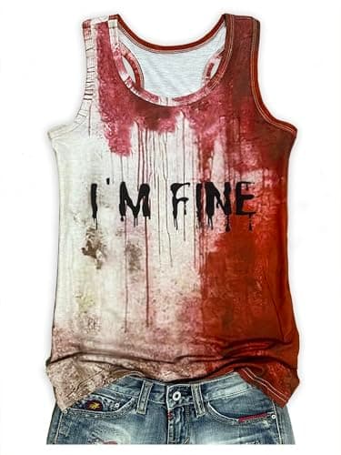 Image of LANMERTREE I'm Fine Bloody Tank Tops for Women Funny Halloween Blood Horror Clothes Gift Blood Splatter Muscle Vest, Bloody, M