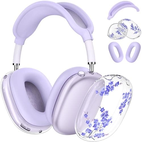 Image of Silicone Cases for AirPods Max Headphones,Clear Flower Soft TPU Ear Cups Cover,Ear Pad Case Cover,Headband Cover for AirPod Max,Transparent Case for Apple AirPods Max USB-C(2024) for Women,Purple