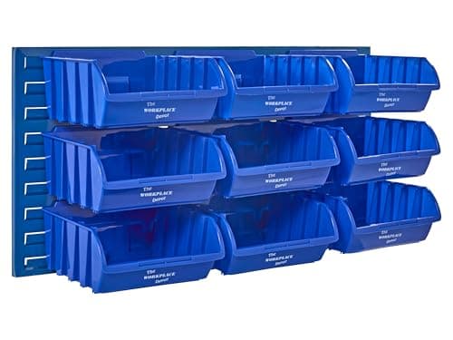 Image of The Workplace Depot Wall Mounted Louvre Panel Kit – Steel Storage Panel 460(H) × 995(W) with Polypropylene Bins – Ideal for Workshop, Garage & Warehouse Organisation (Blue, with x9 Large Bins)