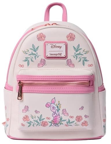 Image of Loungefly Winnie the Pooh Eeyore Mini Backpack Handbag Floral Print Double Strap Shoulder Bag, Pink, Piglet, 9" x 10" x 4.5"
