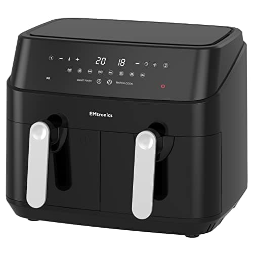 Image of EMtronics EMAFDD9L Dual Air Fryer Extra Large Family Size Double XL 9 Litre with 8 Adjustable Pre-Set Menus for Oil Free & Low Fat Healthy Cooking, Easy Clean Metal Interior, 99-Minute Timer - Black