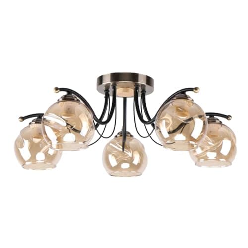 Image of TEKLED Amber Glass Dome Black and Antique Brass Metal Semi Flush Ceiling Light | E27 Fitting | Elegance Design Decorative Lighting | For Living Rooms Dining Halls Hallways | 5 Lamp (Bulb not Included)
