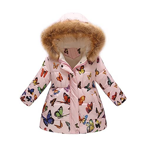 Image of Kids Girls Winter Coat Faux Fur Hooded Windproof Jacket Fleece Liend Padded Thick Warm Parka Outerwear Outdoor Overcoat Cotton Coats Jackets Rosa Butterfly 8-9 Years
