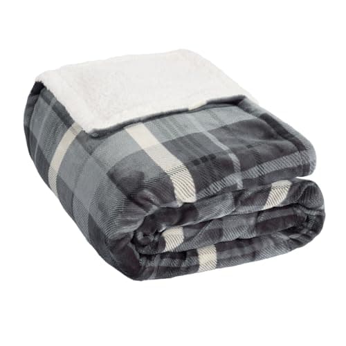 Image of OHS Check Fleece Throws for Sofa, Winsford Check Blanket Throw with Sherpa Reverse Super Soft Warm Blanket for Bed Christmas Throws Living Room Bedroom - Grey, 130 x 160cm