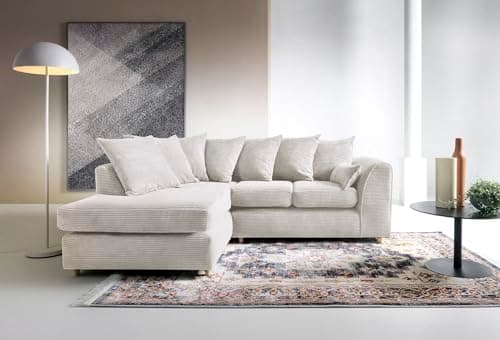 Image of Abakus Direct Left Hand Corner Sofas for Living Room - Stylish Jumbo L Shaped Sofa with Water Repellent Jumbo Cord | Contemporary Chaise Lounge Sofa Corner in White | 212Wx164Dx78H