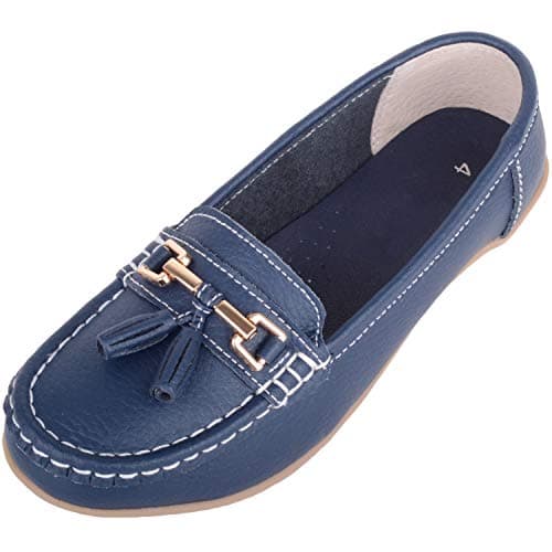 Image of ABSOLUTE FOOTWEAR Womens Slip On Casual Wide Fit Leather Loafer Deck Boat Shoes with Tassel Detail - Navy - UK 6 / EU 39