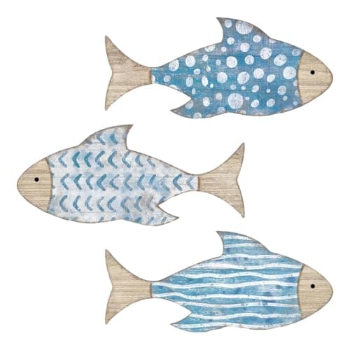 Image of Solvind Coastal Wooden Fish Decor Set 3 Pcs, Nautical Beach Theme Wall Art, Gradient Blue Ocean Fish Sculpture for Living Room Bathroom – Lake House Style