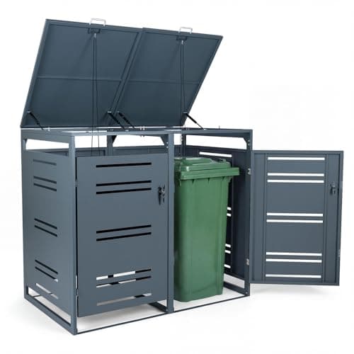 Image of COSTWAY Double Wheelie Bin Storage, 240L Metal Garden Bin Hideaway with Gas Struts, Shock Absorbers & Lockable Doors, Outdoor Garbage Bin Storage Shed Cabinet (Grey, Horizontal Slotted, Flat Roof)