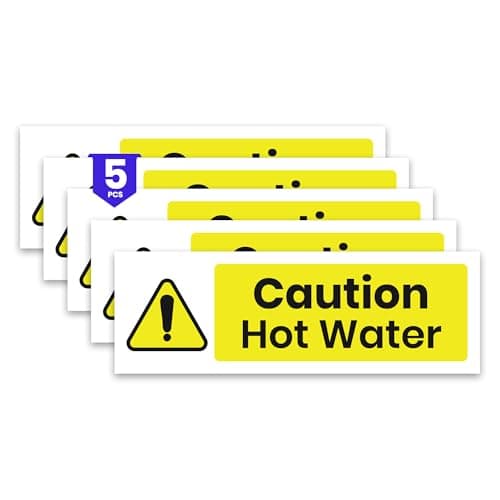 Image of Stcky 5 x Caution Hot Water Stickers -150 x 50 mm Self Adhesive, Durable, & Weather Proof Hot Water Sign - ISO 7010 W017 Compliant