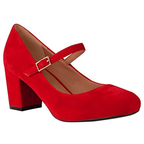 Image of Womens Ladies MID Block Heel Mary Jane Office Work Formal Strap Dolly Shoes Size Red Faux Suede