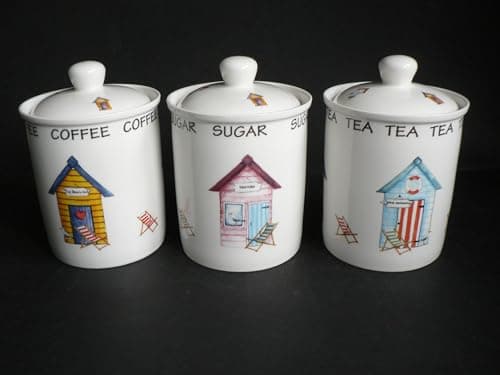 Image of Beach Hut Ceramic Kitchen Canister Set, Tea Sugar Coffee Storage Jars with Lids, 3 Piece