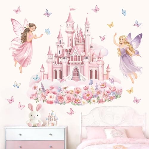 Image of decalmile Pink Castle Wall Stickers Fairy Flower Butterfly Wall Decals Baby Nursery Bedroom Girls Room Home Decor