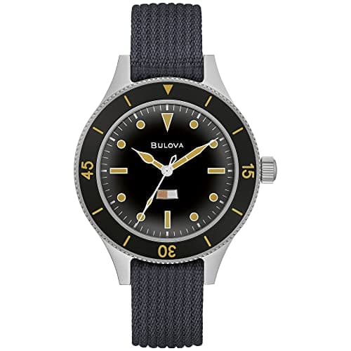 Image of Bulova Men's Archive Series MIL-SHIPS-W-2181 Stainless Steel 3-Hand Hack Automatic Watch, Grey Nylon Strap and Black Matte Dial Style: 98A266, Silver, Automatic Watch