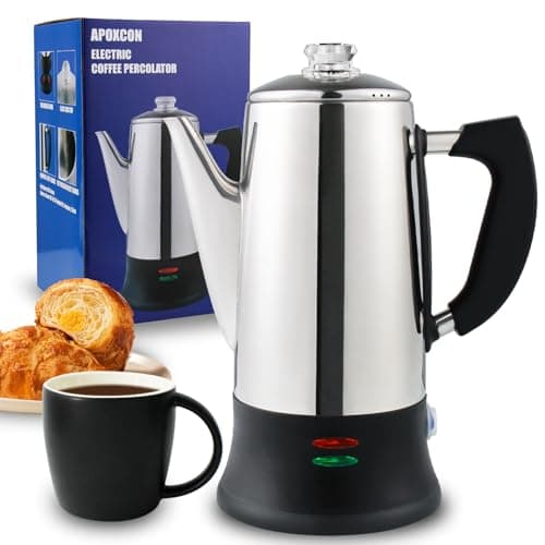 Image of APOXCON 12-Cup Electric Coffee Machine with Cordless Server - CE Certified Stainless Steel Coffee percolator, Heat-Resistant Glass Knob, Multi-Use for Tea/Cocoa/Oatmeal, Fast Brew & 30mins Keep Warm