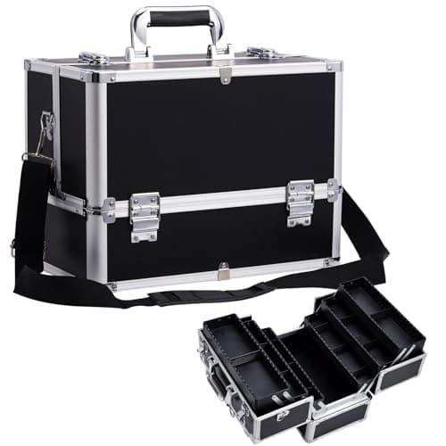 Image of Stagiant Extra Large Makeup Case Vanity Case Make up Organiser Professional Makeup Storage Cosmetic Organiser Case Lockable Storage Box Nail Polish Organiser 6 Trays and Shoulder Strap, Black
