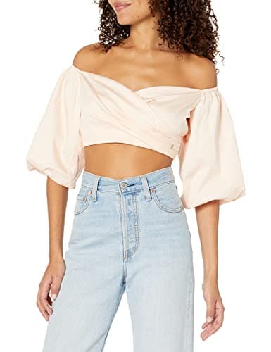 Image of Guess Womens Off Shoulder Cropped Jun Shirt, Calm Pink, L