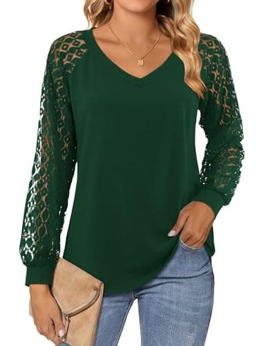 Image of Beluring Shirt for Women Casual Long Sleeve Top Elegant V Neck Blouse Dark Green Size 12 14