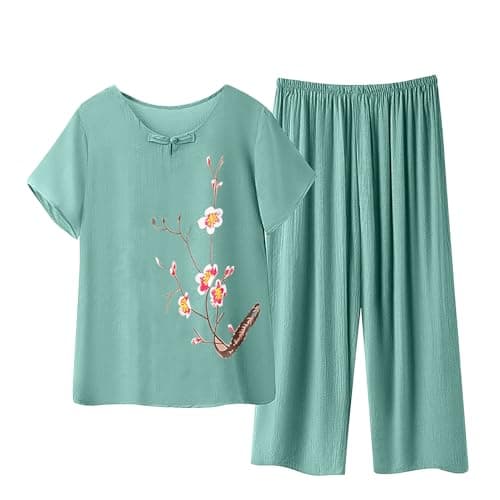 Image of Women's Cotton Linen Tracksuit Sets Clearance UK Ladies Loungewear Pyjamas Short Sleeve Lightweight Tops Joggers Sweatpants Suits Lounge Pjs Sets Sleepwear Mid-aged Flower Print Elastic Sets