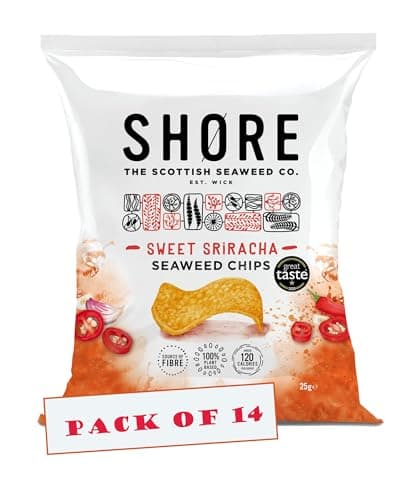 Image of Shore Seaweed Chips -Sweet Sriracha 14 x 25g bags, Vegan crisps, Lower in calories, Plant-based, High in Fibre