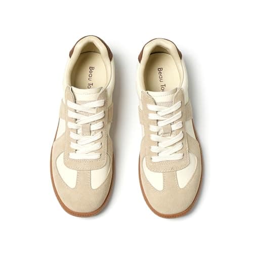 Image of BEAU TODAY Retro Trainer Platform Sneakers for Women-Classic OG Sneaker Leather Walking Shoes with Patchwork Design, Brown-beige, 5 UK