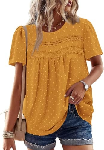 Image of KISSMODA Womens Casual Boho Tops Short Sleeve Summer Pleated Eyelet Shirts Dressy Trendy Elegant Crew Neck Swiss Dot Blouses Yellow