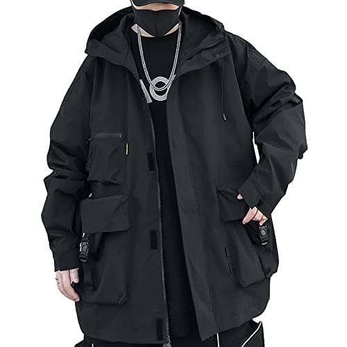 Image of XYXIONGMAO Casual Techwear Zipper Tactical Gothic Clothes Jacket Windbreaker Streetwear Jackets Hooded for Men, Black, L