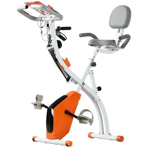 Image of HOMCOM 3-in-1 Folding Exercise Bike, Foldable Stationary Bike with 8-Level Adjustable Magnetic Resistance, Resistance Bands, Adjustable Seat, Pulse Sensor, LCD Monitor and Wheels, Orange