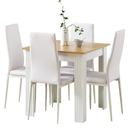 Image of Rainbow Tree Modern 5 Piece Dining Room Table and Chairs Set, Wooden Square Table with 4 Chairs for Small Space Apartment Space Saving (White+Oak Top Table+4 White Leather Chair)