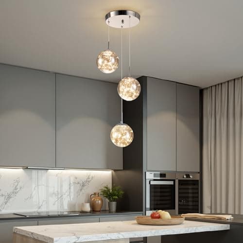 Image of Warmiehomy LED Staircase Long Chandelier 3 Lights,Dimmable Pendant Light Fixtures Glass Balls,Modern Hanging Ceiling Lights for Villa Living Room Foyer,Gray